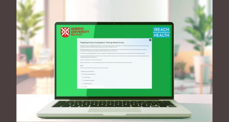 Graphic of laptop with survey icon and QUB & iREACH Health Logos